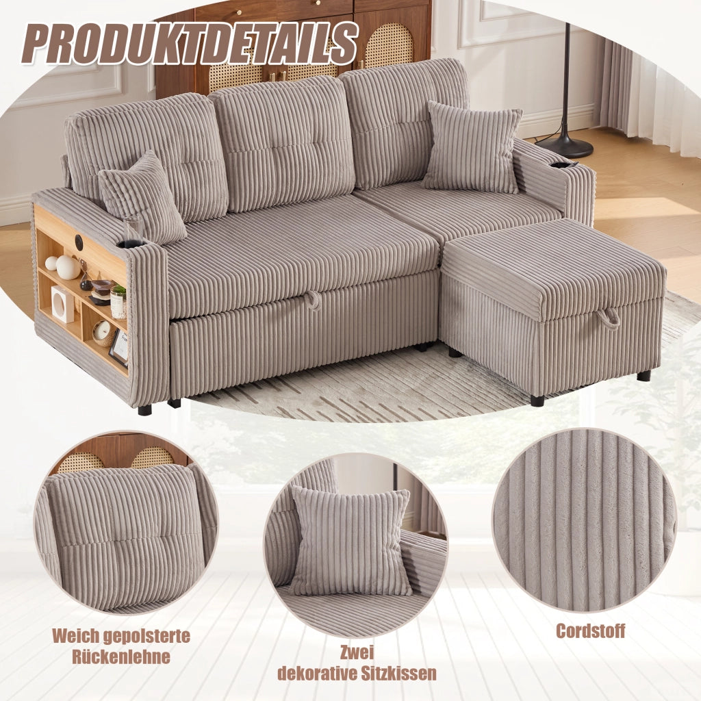 DIVANO LETTO 196 cm in tessuto corduroy grigio chiaro con USB-C e LED