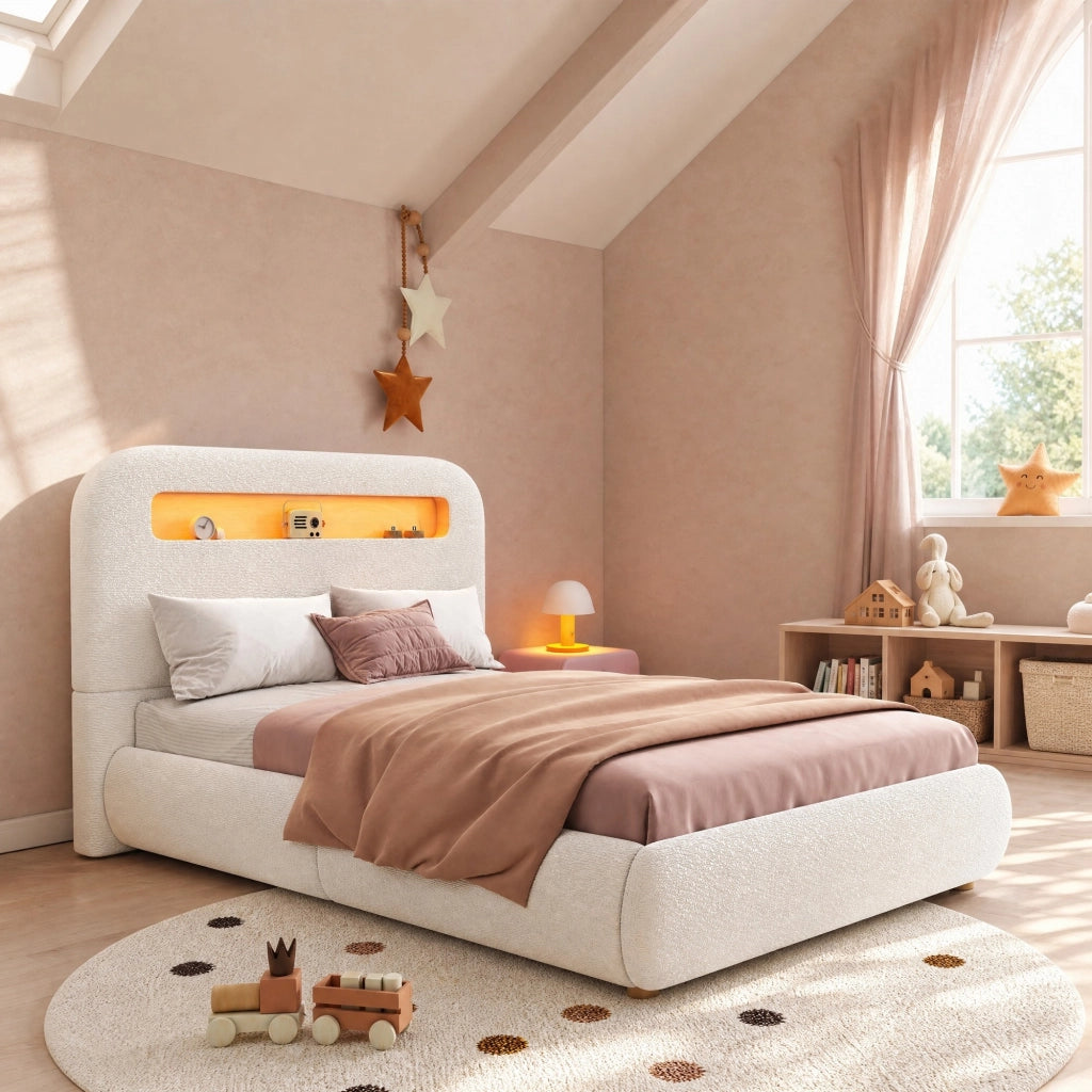 Letto singolo per bambini 90x200 cm con contenitore idraulico; LED; bouclé bianco