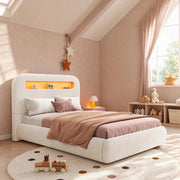 Letto singolo per bambini 90x200 cm con contenitore idraulico; LED; bouclé bianco