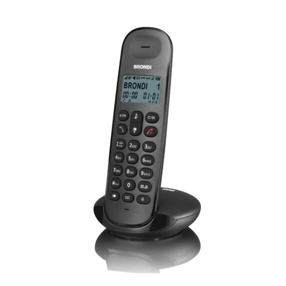 Trade Shop - Telefono Cordless Brondi Lotus Bianco Nero Retroilluminato Con Sveglia Vivavoce -