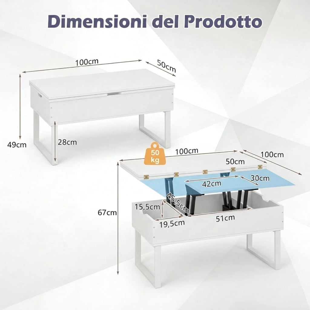 Tavolino da Caffè 3 in 1 con Piano Sollevabile, Tavolo Ausiliario Estensibile con Scomparti Nascosti, Gambe in Metallo, Tavolino Multifunzionale in Legno per Soggiorno e Sala da Pranzo (Bianco)