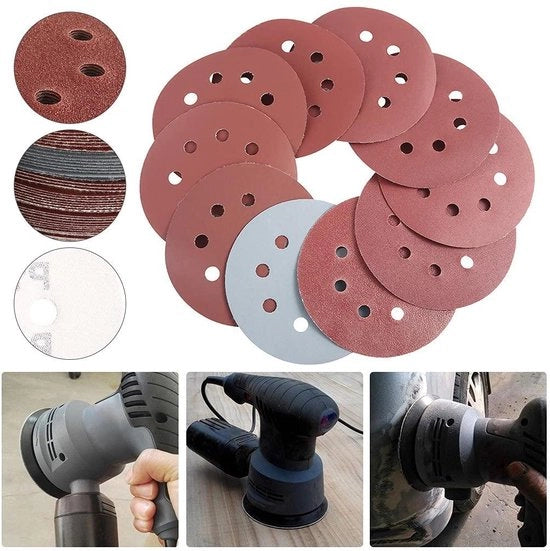 Pacco di 100 dischi Velcro - 8 fori - 125 mm cerchio carta vetrificata per sander a movimento casuale - miscela di grana