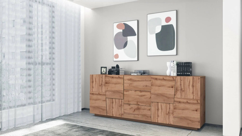 Credenza Astel, Buffet da soggiorno, Madia da salotto con 4 ante e 3 cassetti, 220x44h86 cm, Rovere