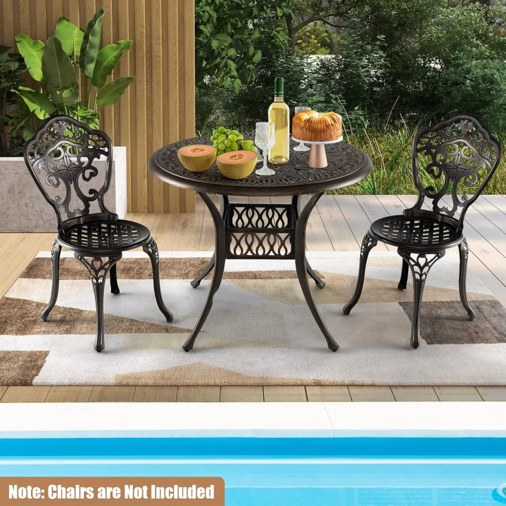 Tavolo Bistrò Rotondo da Giardino e Balcone, φ90 cm, con Foro per Ombrellone φ5 cm, Tavolino da Caffè in Metallo Resistente alle Intemperie, Colore Bronzo