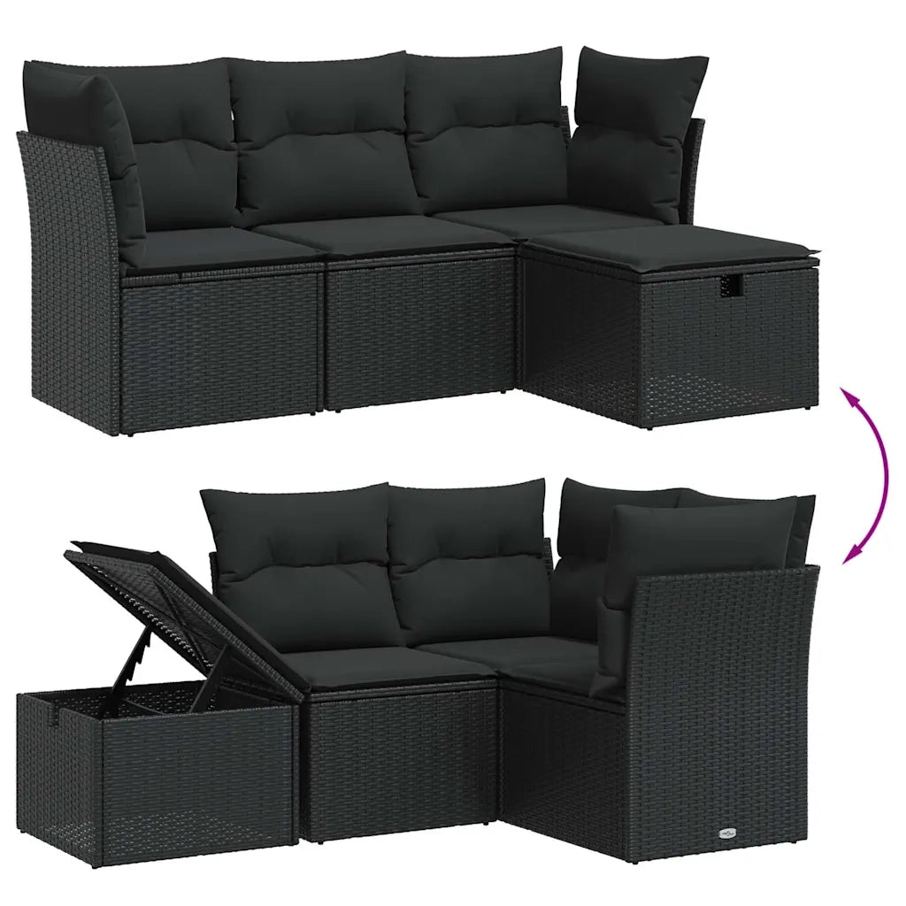 Set Divani da Giardino 4 pz | Set Salotto da Giardino con Cuscini Nero in Polyrattan