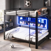Letto a castello 140x200 cm in metallo nero con 6 armadietti e LED HAVRYA