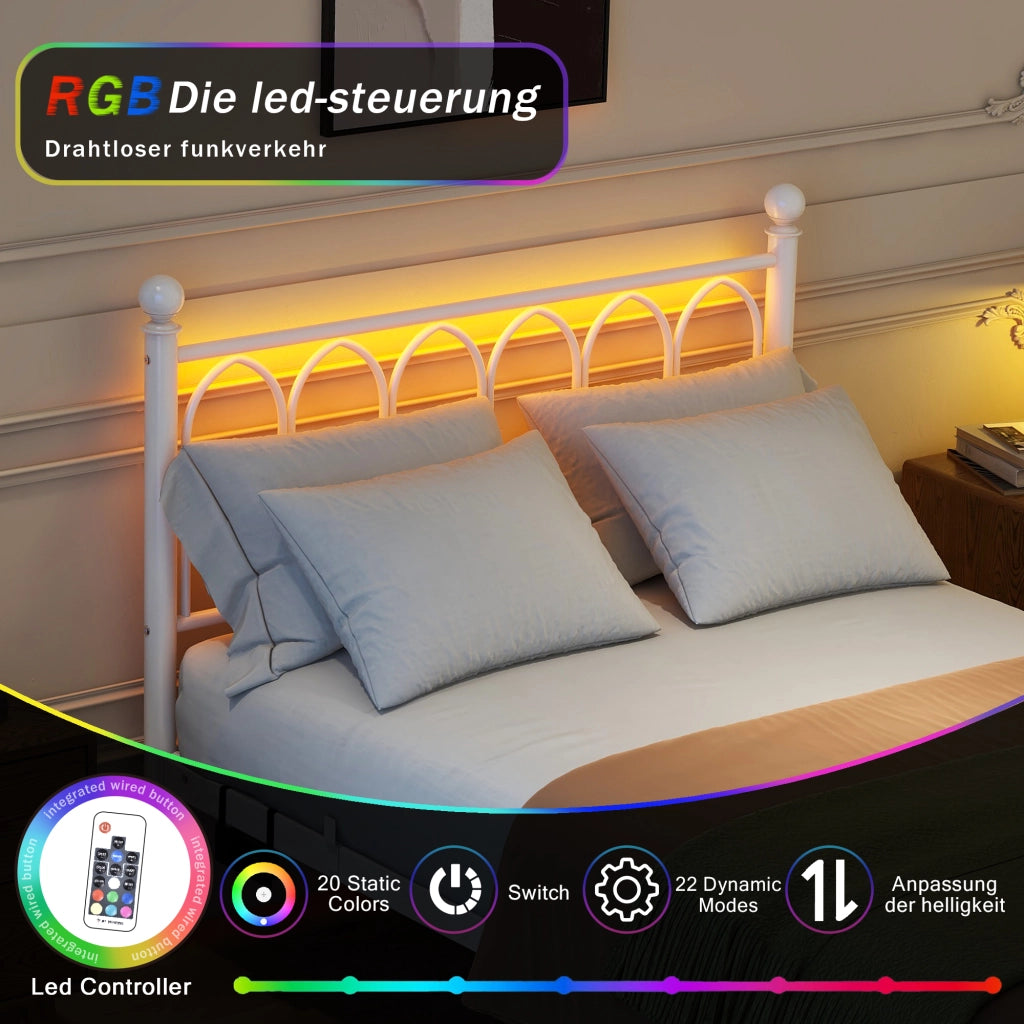 Letto singolo 120 × 200 cm con testiera alta, LED, USB e presa, spazio sottoletto, senza materasso, bianco