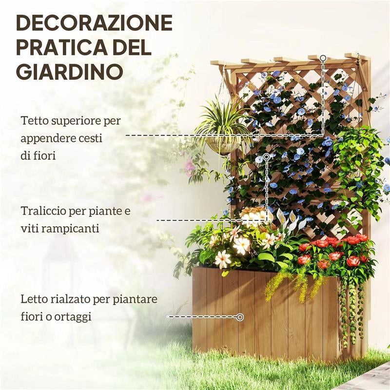 LETTO PER ORTO RIALZATO CON TRALICCIO PER RAMPICANTI E PERGOLA SUPERIORE 64X33X122 CM LEGNO