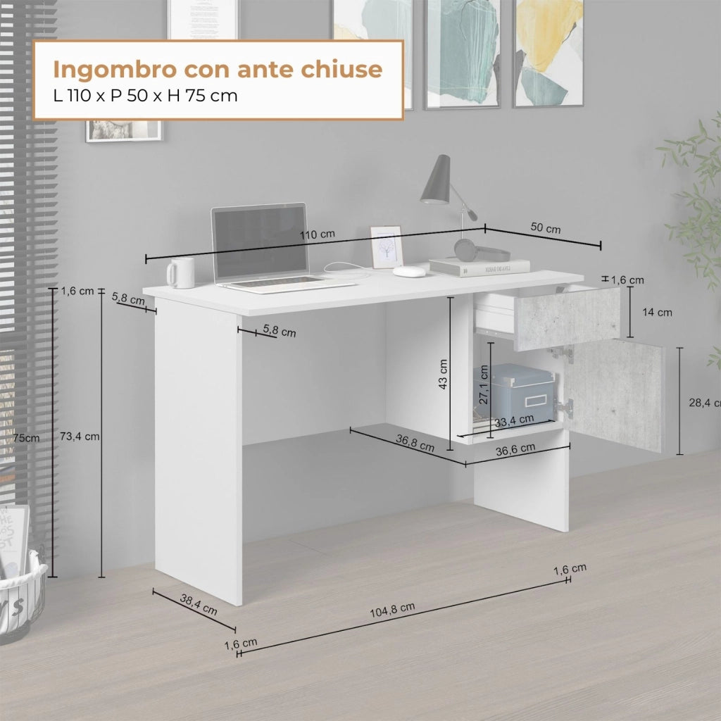 WHOUS Scrivania Easy 1 anta e 1 cassetto bianco opaco e cemento 110x50x75 cm