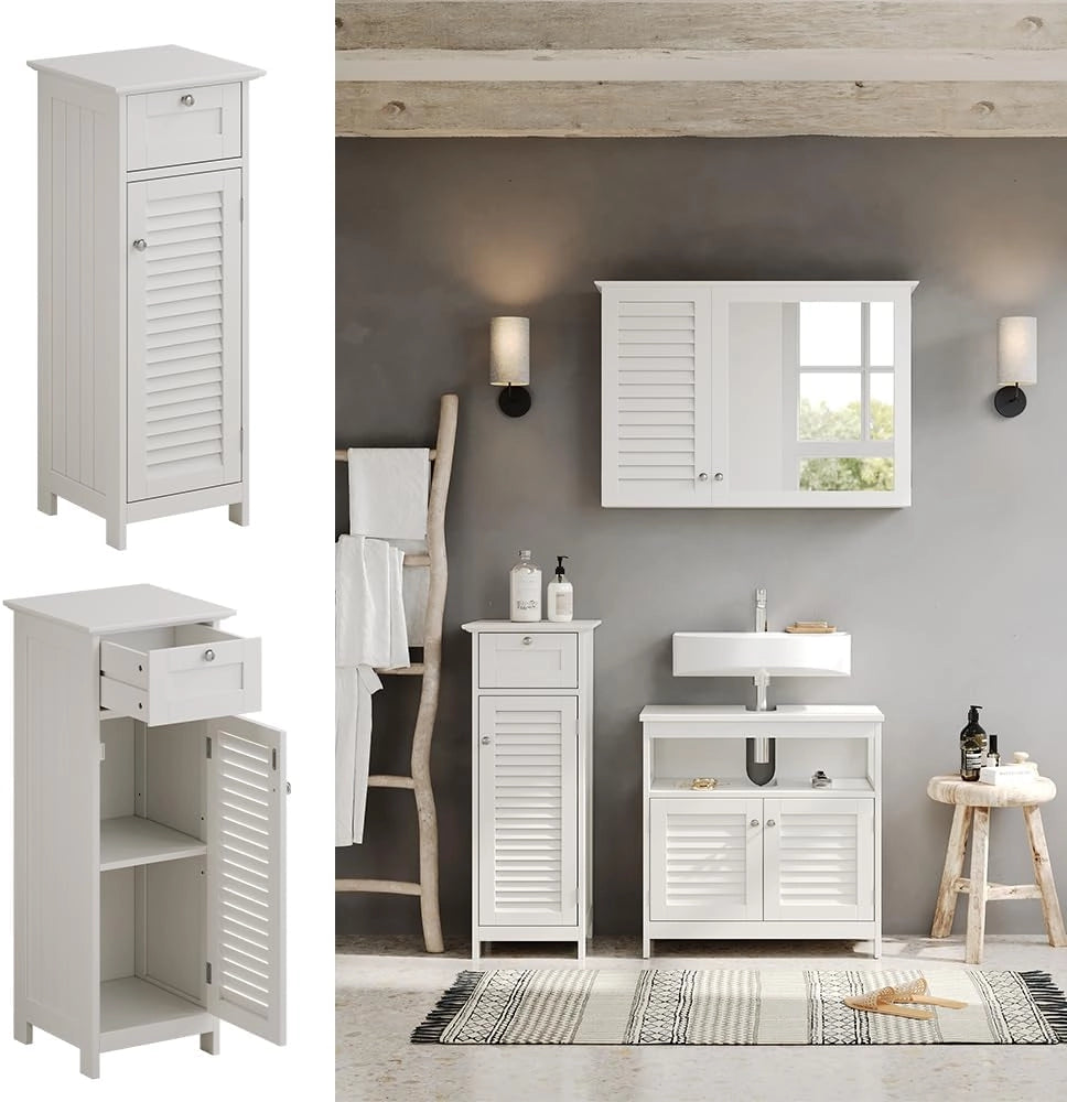 Mobiletto bagno Riad, Bianco, 32 x 87 cm con anta e cassetto, per montaggio a parete per riporre accessori da bagno