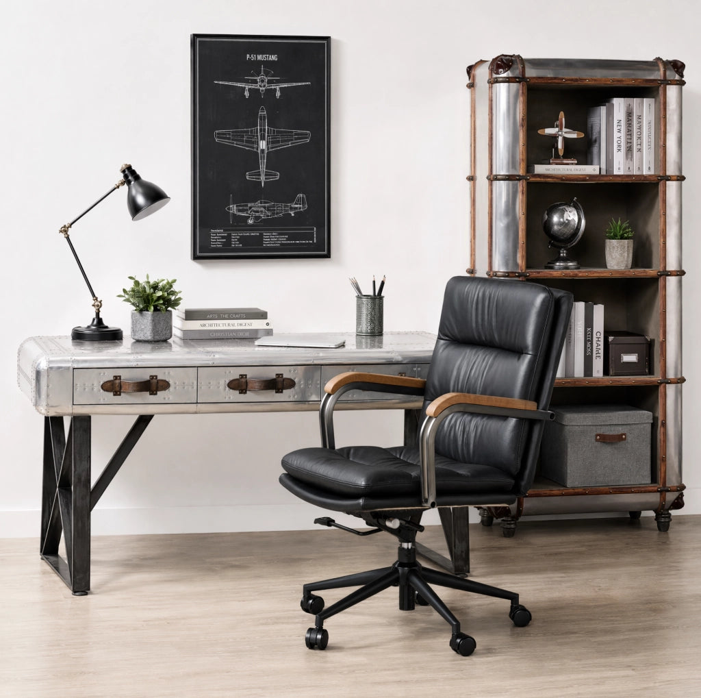 Sedia da ufficio ergonomica in pelle nera regolabile