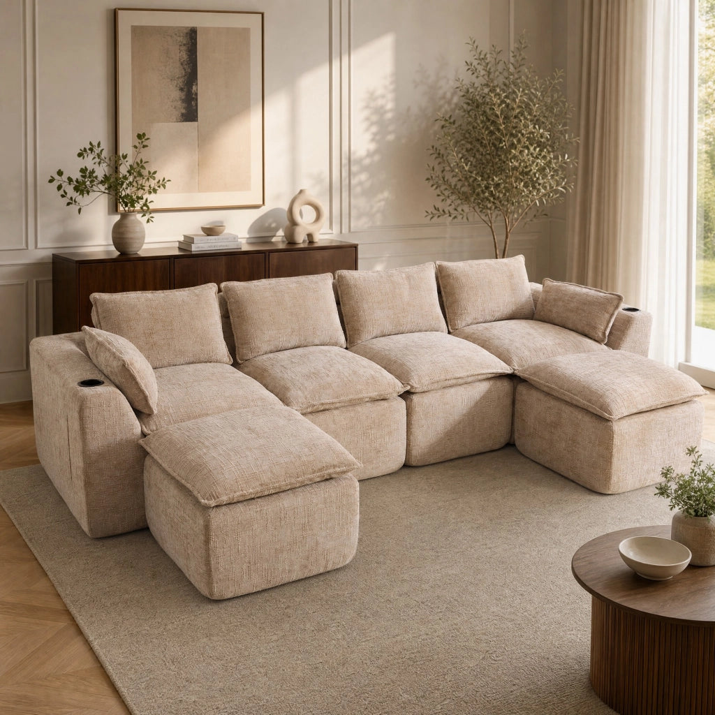 Divano modulare 322x161x75 cm componibile con molle integrate in chenille khaki