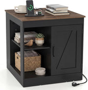 Tavolino Laterale da Salotto, Comodino Rustico con Stazione di Ricarica, Ripiano Regolabile e Porta da Fienile, Tavolino Versatile per Camera da Letto e Soggiorno (Nero)