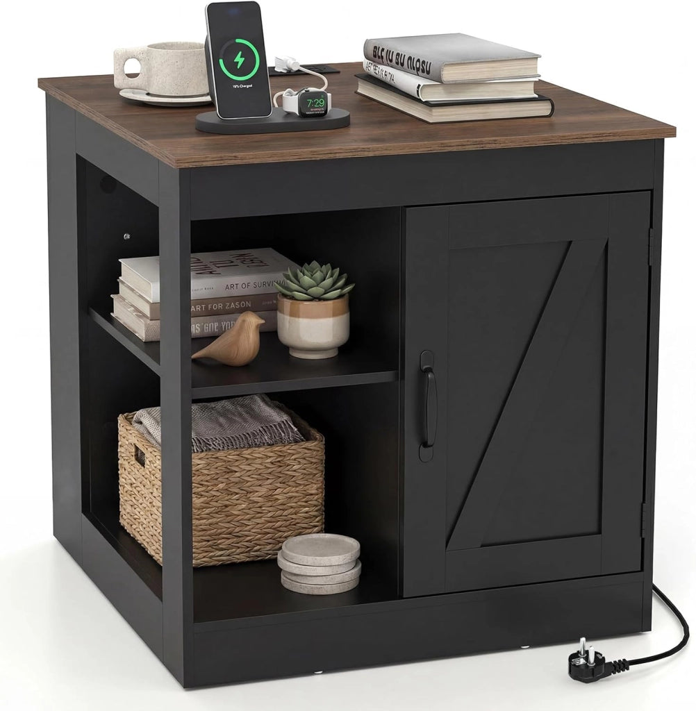 Tavolino Laterale da Salotto, Comodino Rustico con Stazione di Ricarica, Ripiano Regolabile e Porta da Fienile, Tavolino Versatile per Camera da Letto e Soggiorno (Nero)