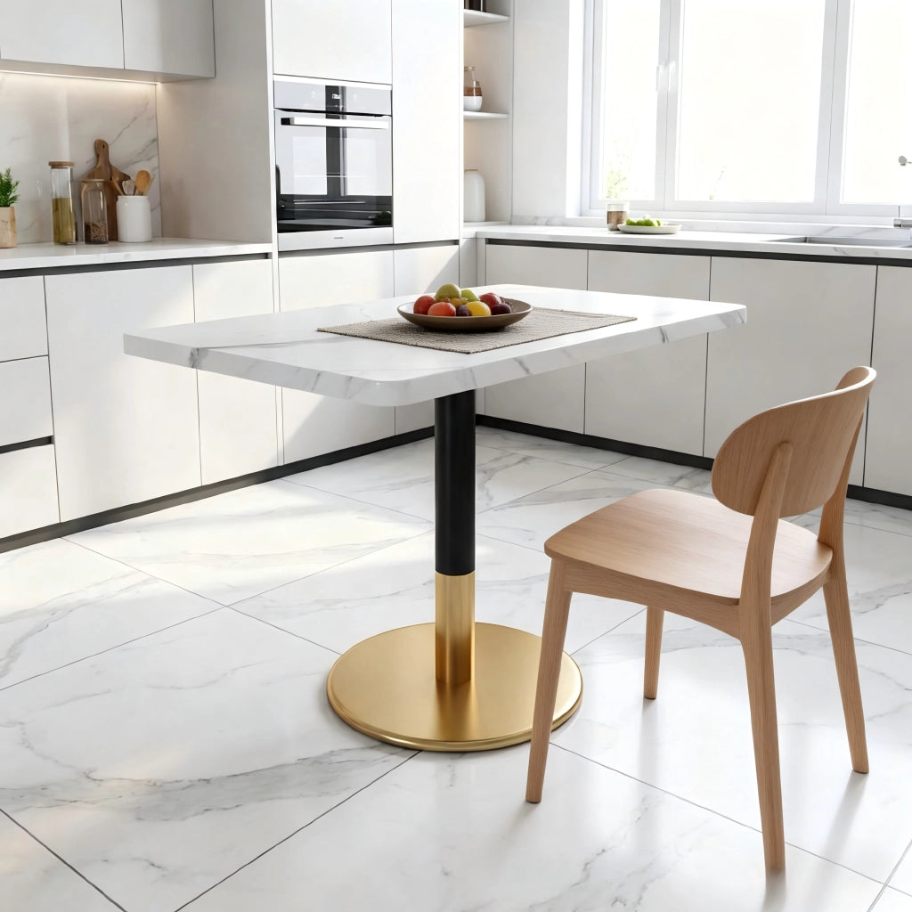Tavolo da pranzo per 2 persone con piano effetto marmo, base in metallo nero e oro, per cucina, 80 × 60 cm
