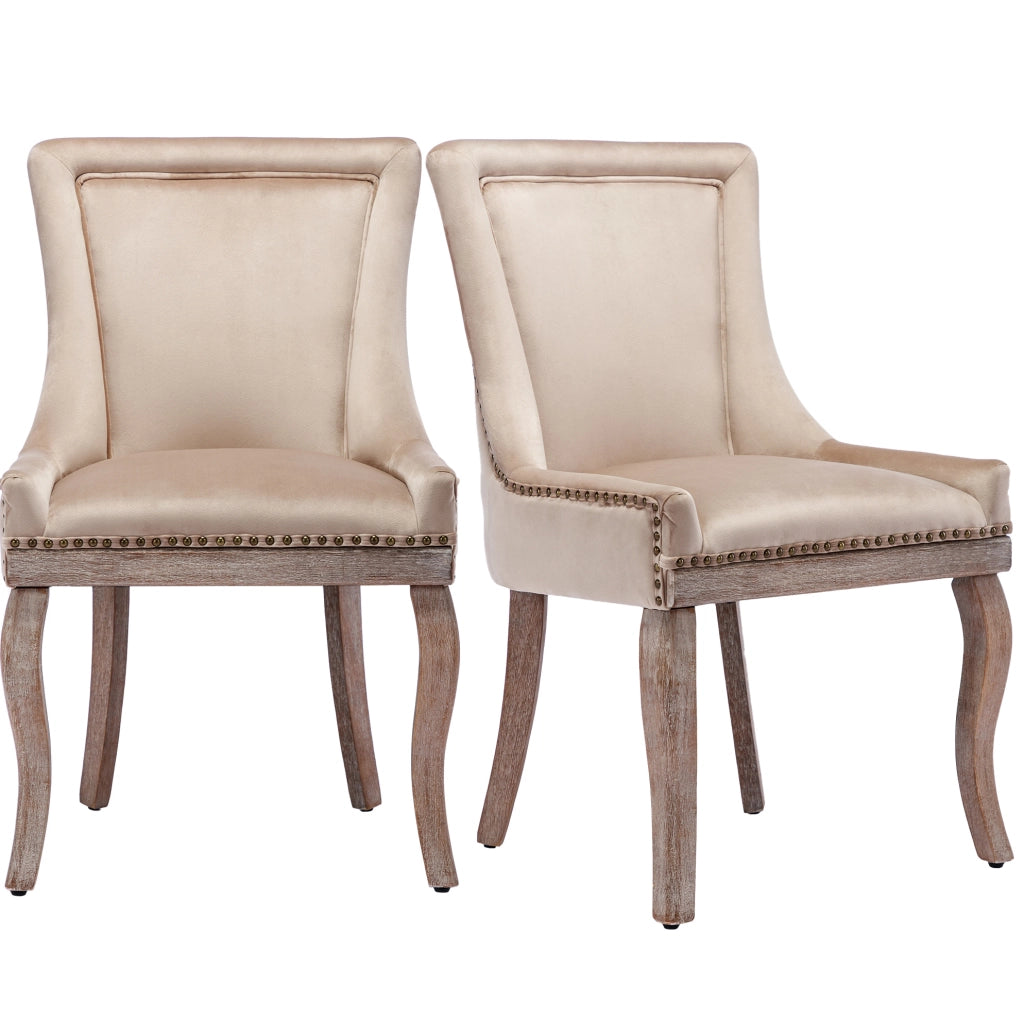 Sedia da pranzo imbottita in velluto beige con struttura in legno massello; 61x50x91 cm