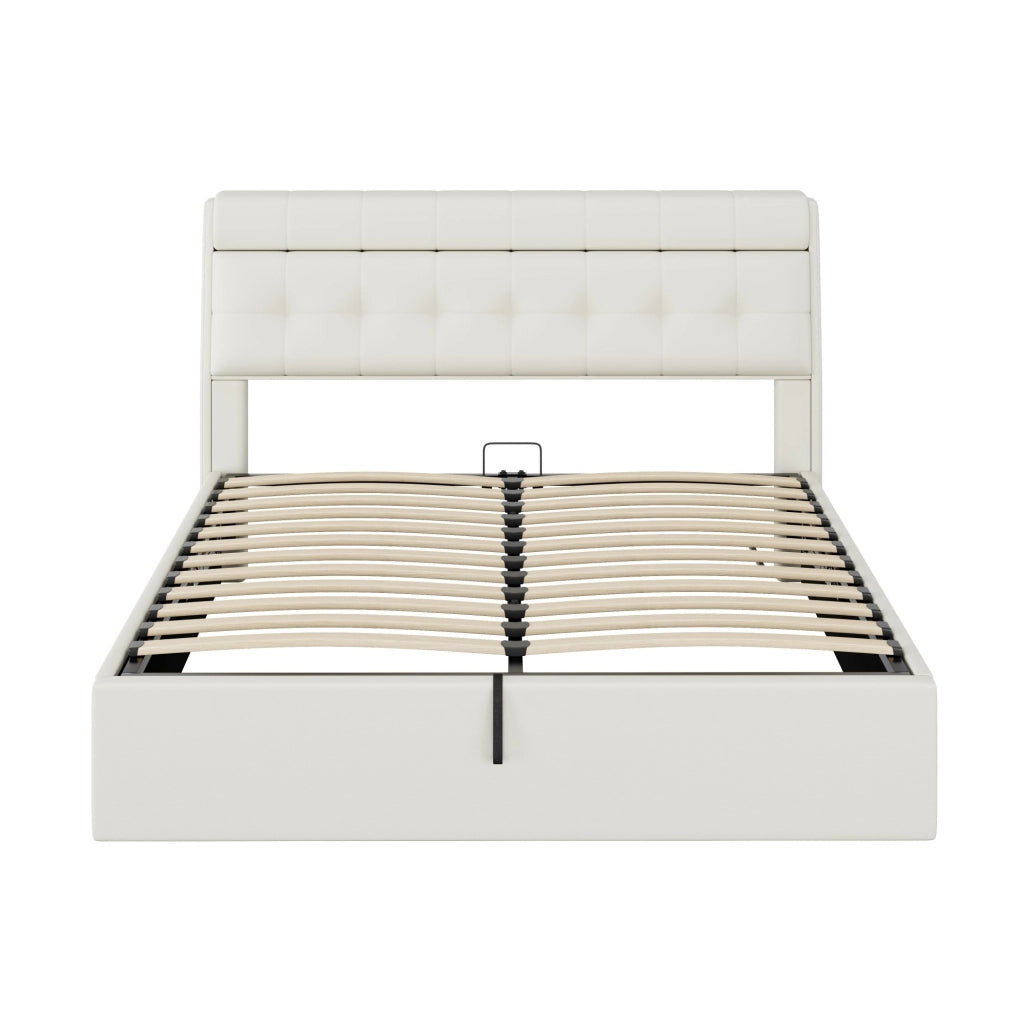 Letto imbottito 160x200 cm con contenitore idraulico e vani nascosti in PU bianco