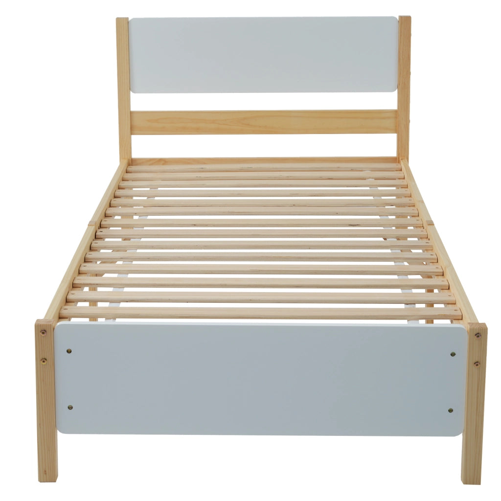 Letto Singolo 90 x 200 cm; 1 Posto; con 15 Doghe e Piede Centrale; senza Materasso; Legno Massello e MDF; Bianco Naturale