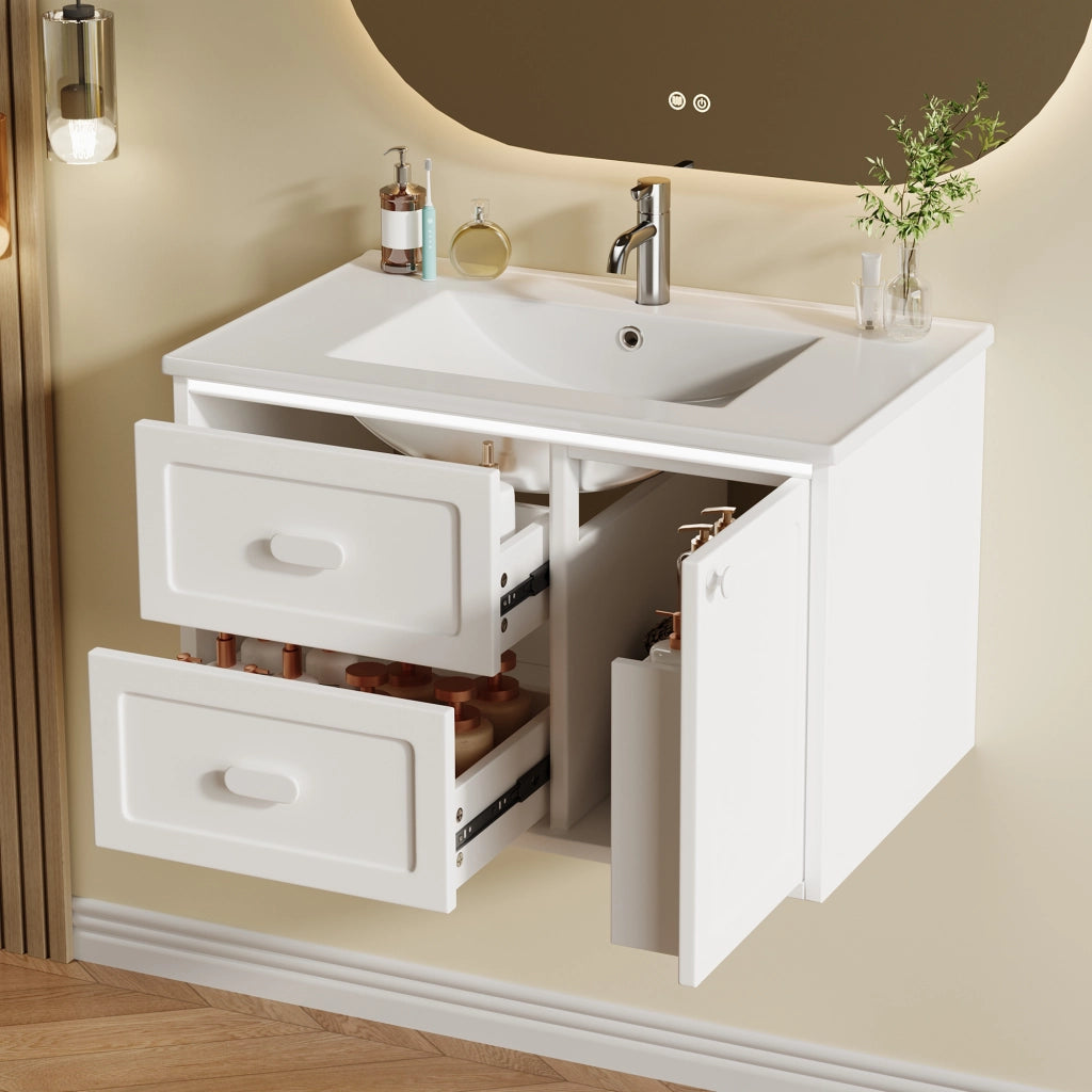 Mobile lavabo da bagno sospeso 76x46x51 cm in MDF laccato con lavabo in ceramica, 2 cassetti, LED con sensore radar, bianco