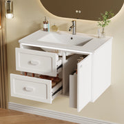 Mobile lavabo da bagno sospeso 76x46x51 cm in MDF laccato con lavabo in ceramica, 2 cassetti, LED con sensore radar, bianco