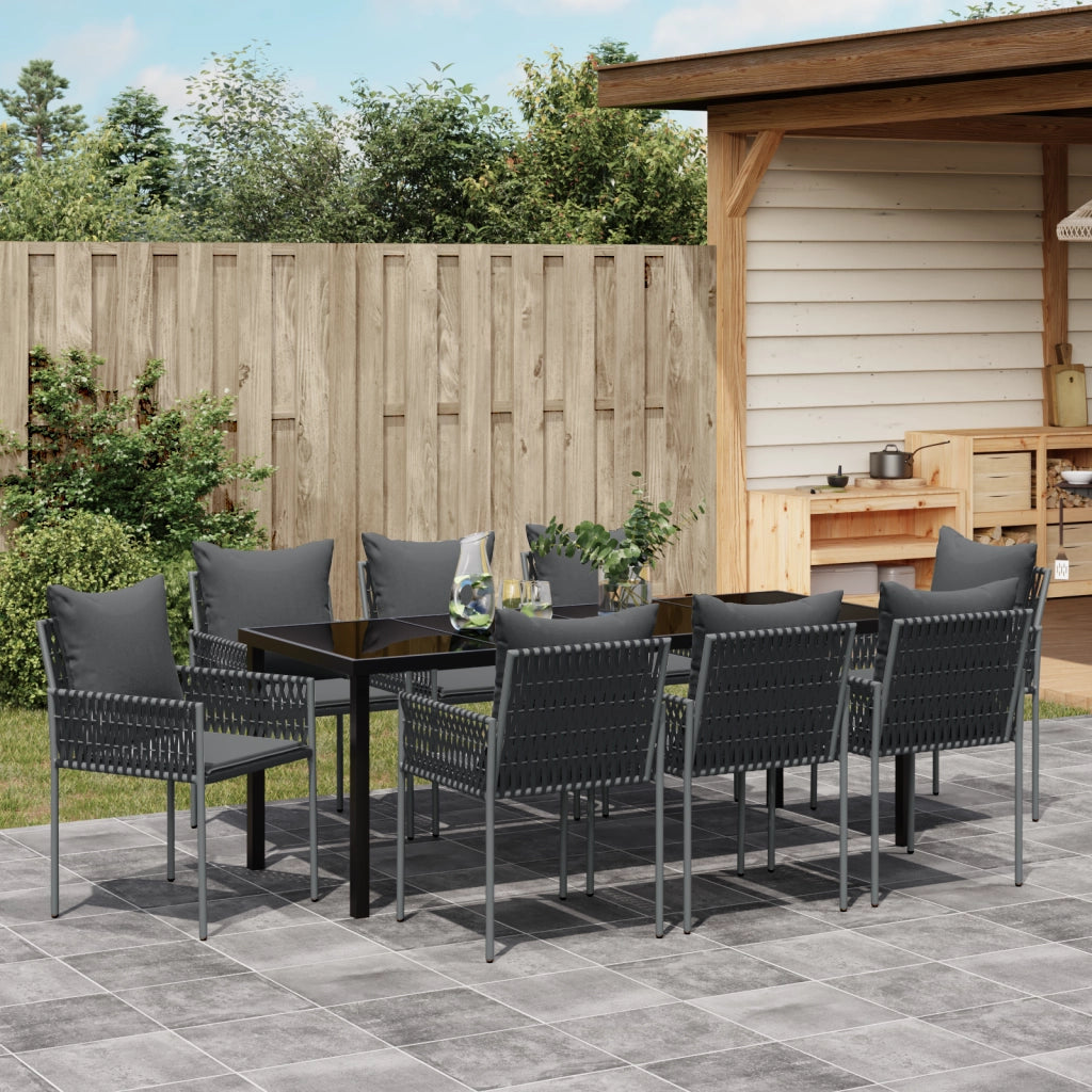 Set da pranzo da giardino 9 pezzi con cuscini in polyrattan nero