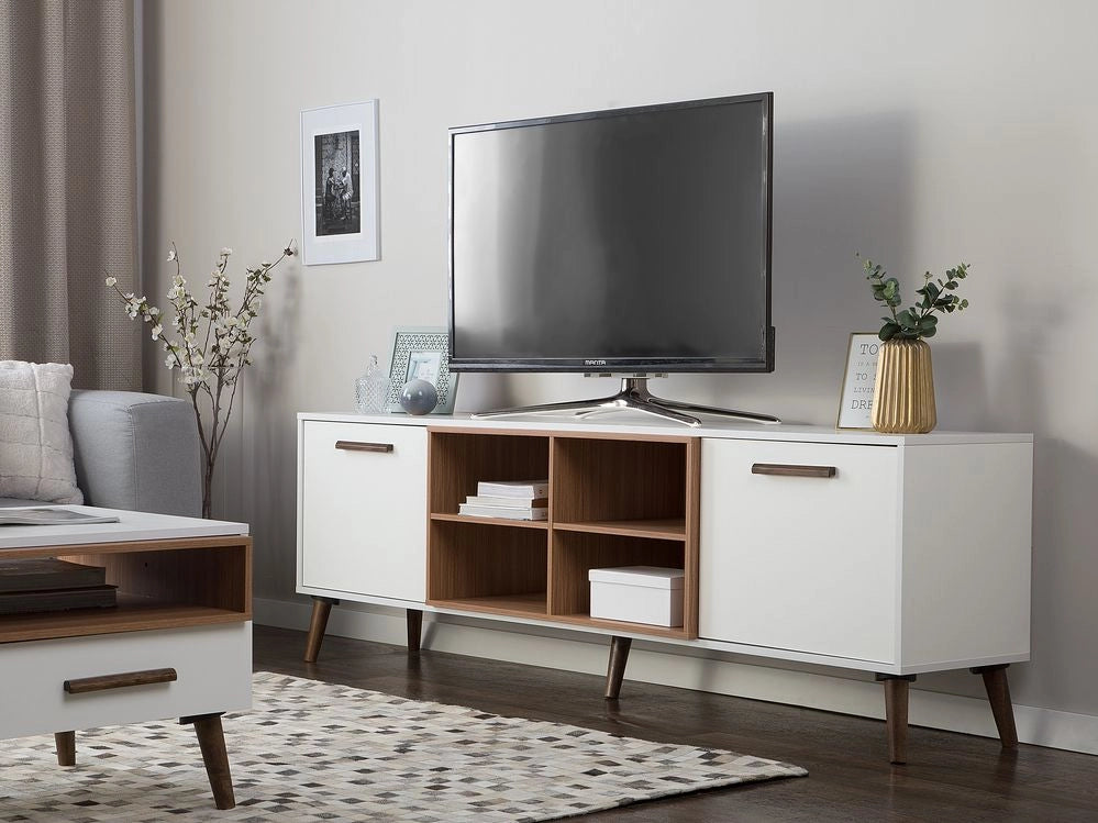 Mobile TV bianco con legno scuro per TV fino a 78ʺ con 2 ripiani