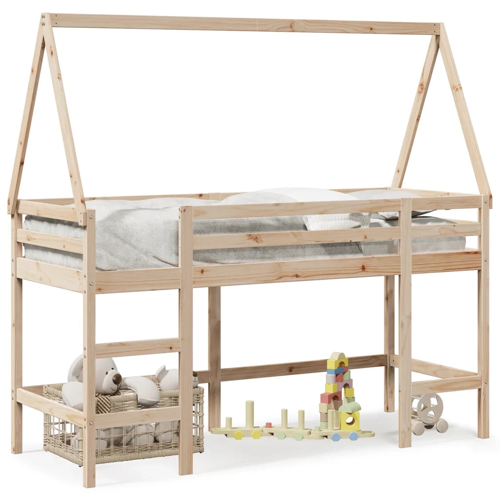 Letto Soppalco con Scala e Tetto 80x200 cm Legno Massello Pino 3282112