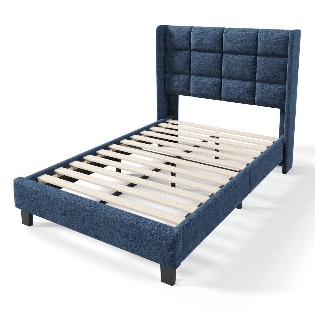 Letto singolo design – 90x200 cm – testiera imbottita rete – lino blu