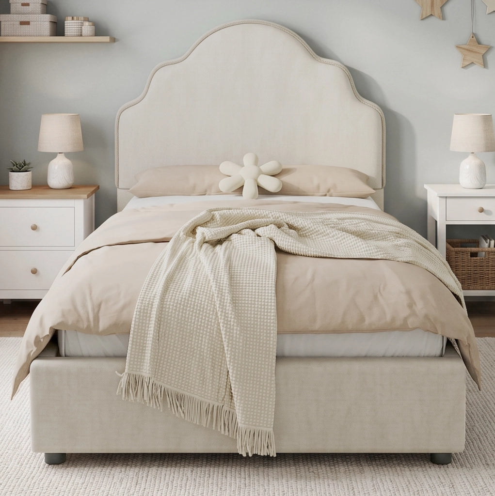 Letto singolo 90x200 cm con testiera imbottita; lino; beige