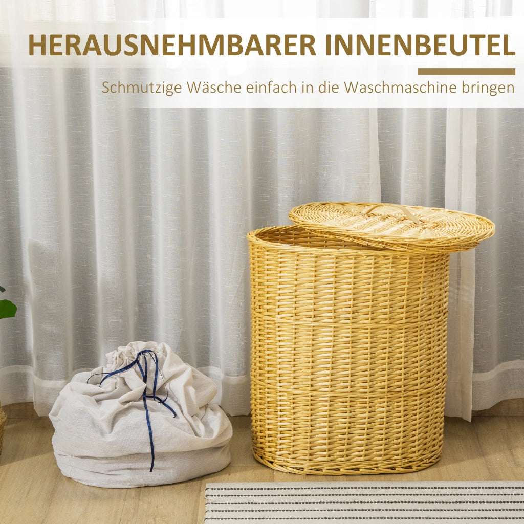 Cesto portabiancheria con coperchio in rattan naturale 100 L 51x38x57 cm