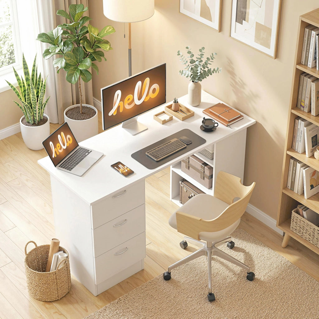 Scrivania Porta PC con 3 Cassetti e 3 Ripiani, Scrivania per Camera e Ufficio in Legno 120x49x72cm Bianco