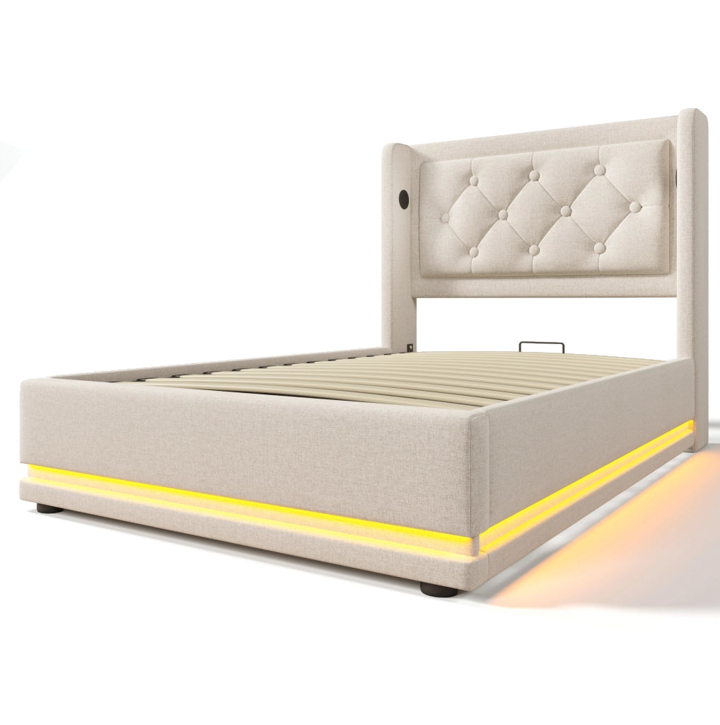 Letto contenitore 90x200 cm; USB Type-C e LED a 3 lati; cotone beige (Senza materasso)