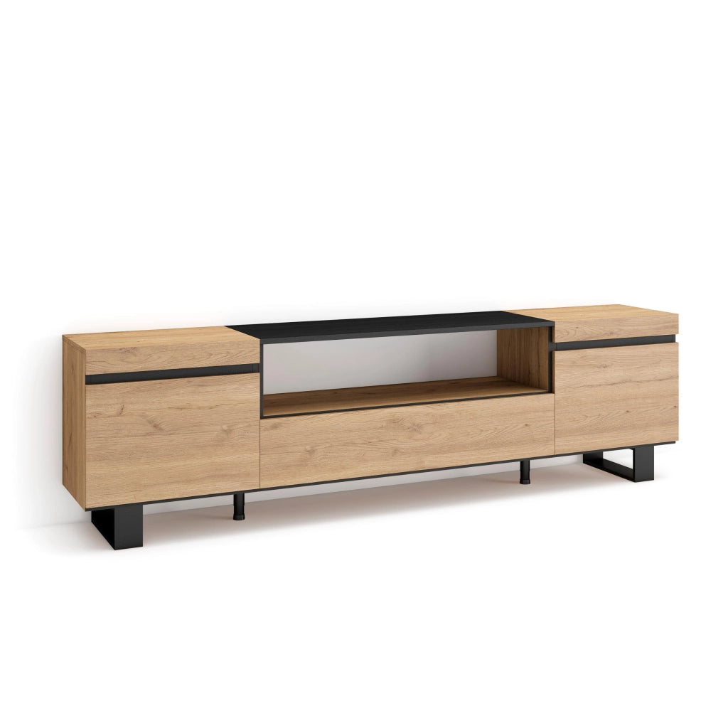 Mobile TV, 200x35x57cm, soggiorno, Per TV fino a 80", Design industriale, colore Rovere e nero RF2149