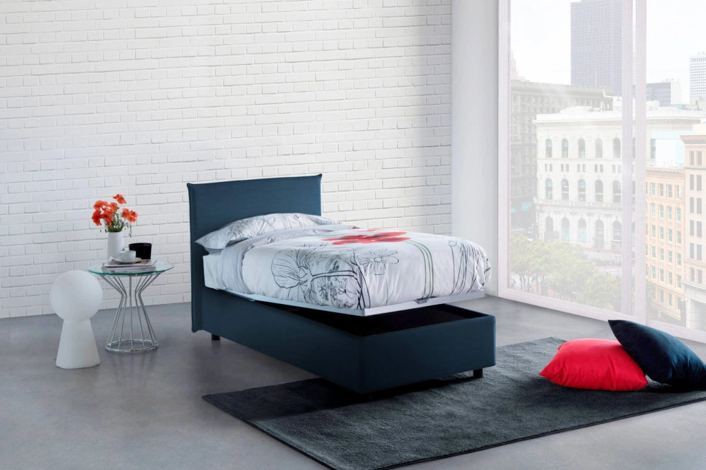 Letto singolo Alison, Letto contenitore con rivestimento in tessuto, Made in Italy, Apertura frontale, con materasso cm 90x200 incluso, Blu