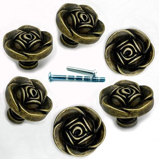 6 pezzi di maniglie in bronzo per cassetti con design floreale, pesanti, vintage, per cassetti a tiratura (fiore)