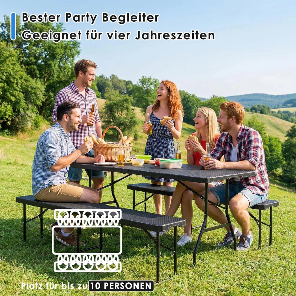 Set Tenda da Birra da 3 Pezzi 180cm in Plastica HDPE, Set di Mobili da Giardino 1 Tavolo e 2 pcs Panche Pieghevoli, Set Birreria con Manico di Trasporto, per Campeggio Picnic Esterno, Ottica in Rattan