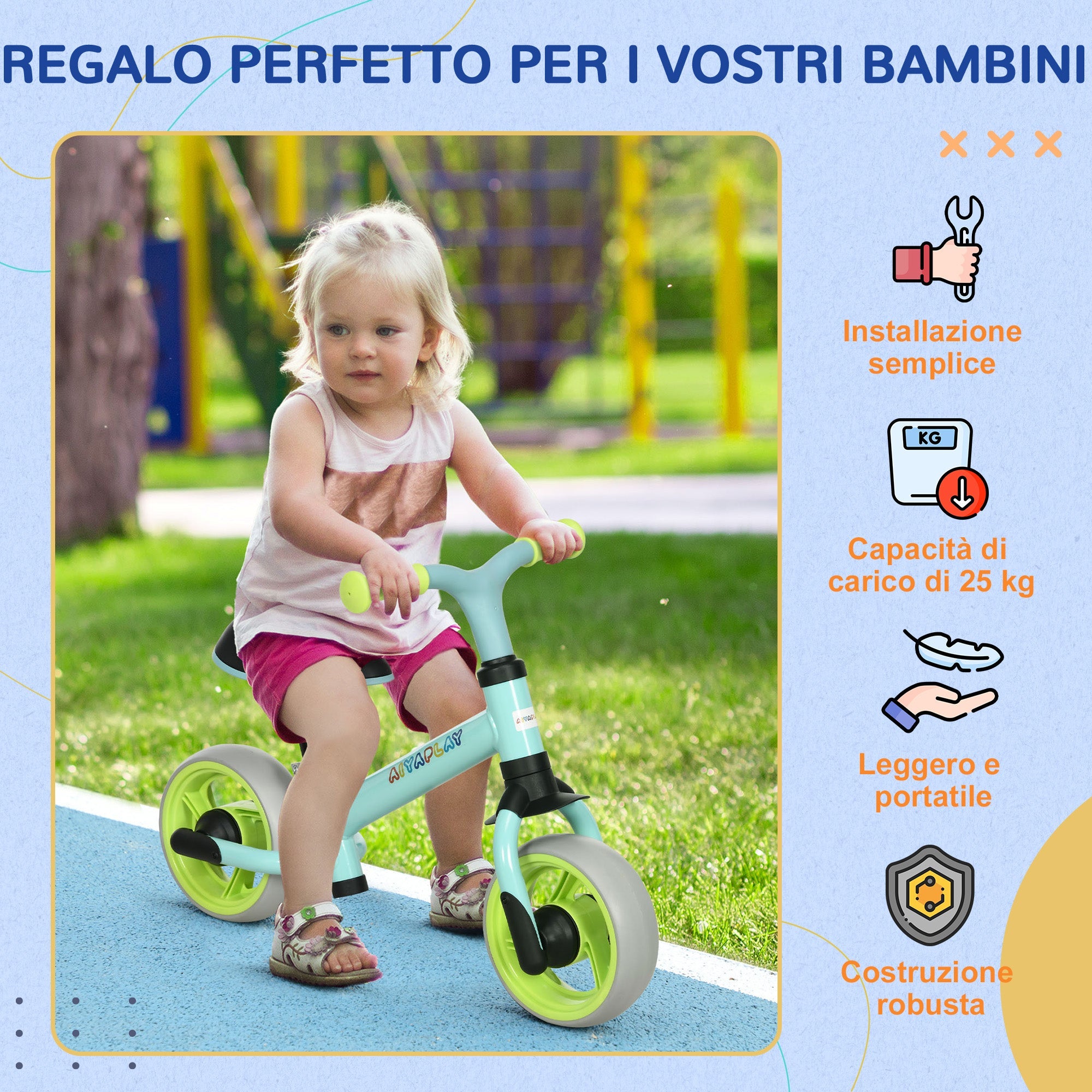 Bicicletta Pedagogica per Bambini Senza Pedali 66,5x34x47 cm in Acciaio PP PU e TPR Turchese