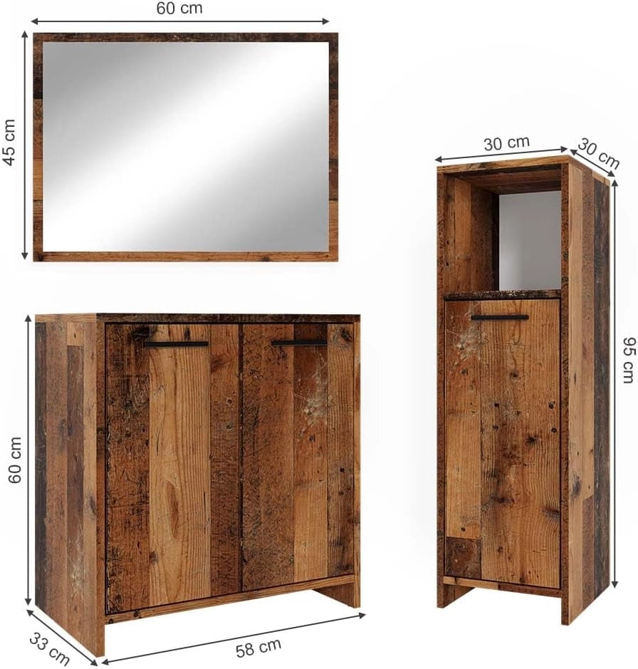 Set mobili bagno Kiko, Rovere rustico, 58 cm, composto da mobile sottolavabo, specchiera e mobile medio