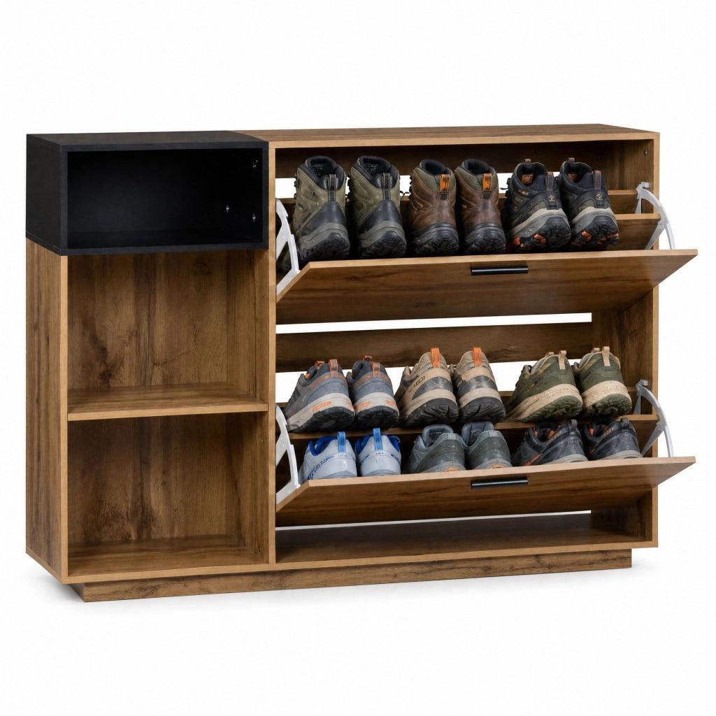 Scarpiera da ingresso 120x32x84,5 cm in MDF con 3 vani aperti e 2 ribalte, colore naturale e nero