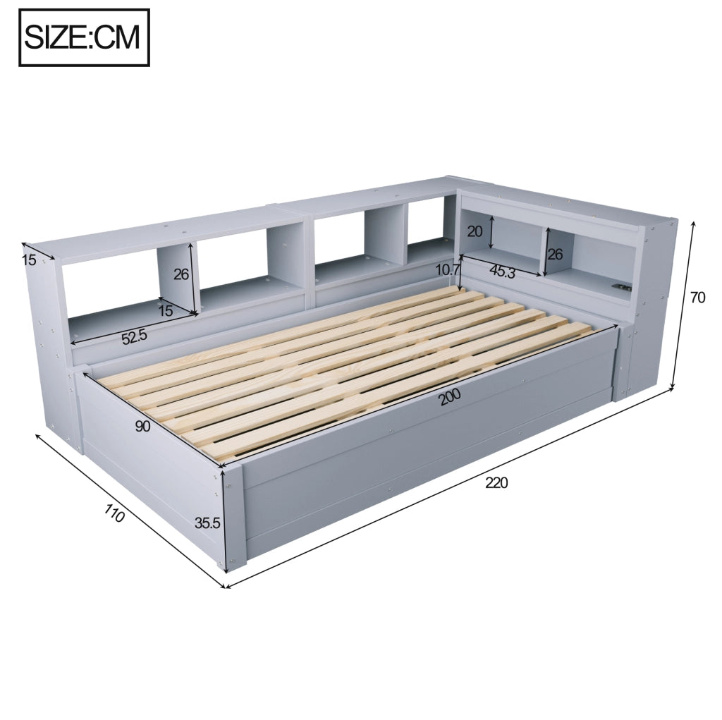 Letto multifunzione 90x200 cm con LED; presa integrata e contenitore; grigio