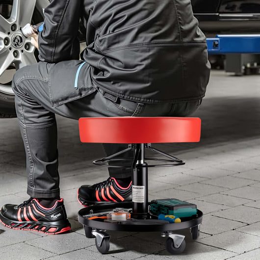 Sgabello con ruote regolabile in altezza 40,5-53,5 cm, portata max 150 kg, sedia da officina in acciaio con 5 ruote pivottanti