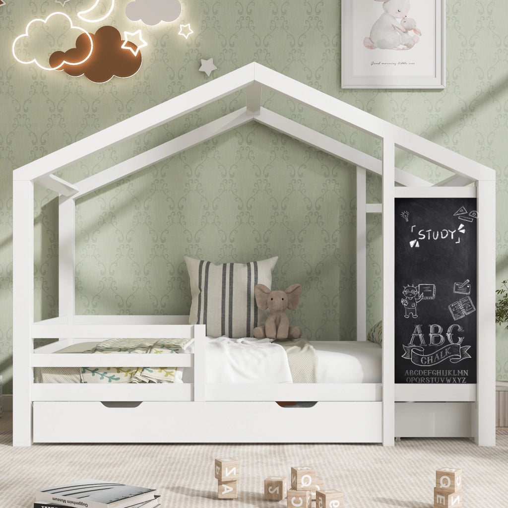 Letto a casa in legno massello bianco con lavagna e 2 cassetti 90x200 cm