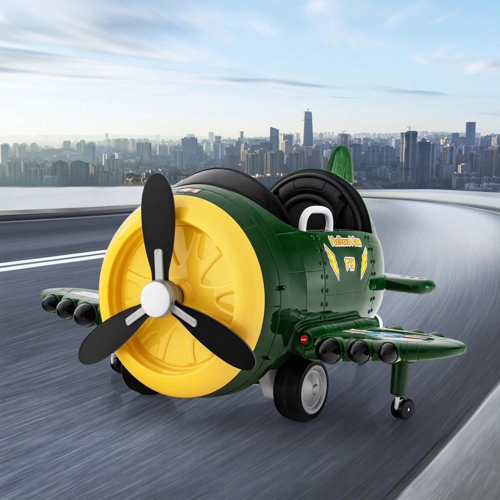 Macchina Elettrica a Forma di Aereo per Bambini, Aeroplano Elettrico Cavalcabile con Telecomando Alare Pieghevole e Elica Rotante, Cruscotto Illuminato, per Bambini 3 Anni+ (Verde)