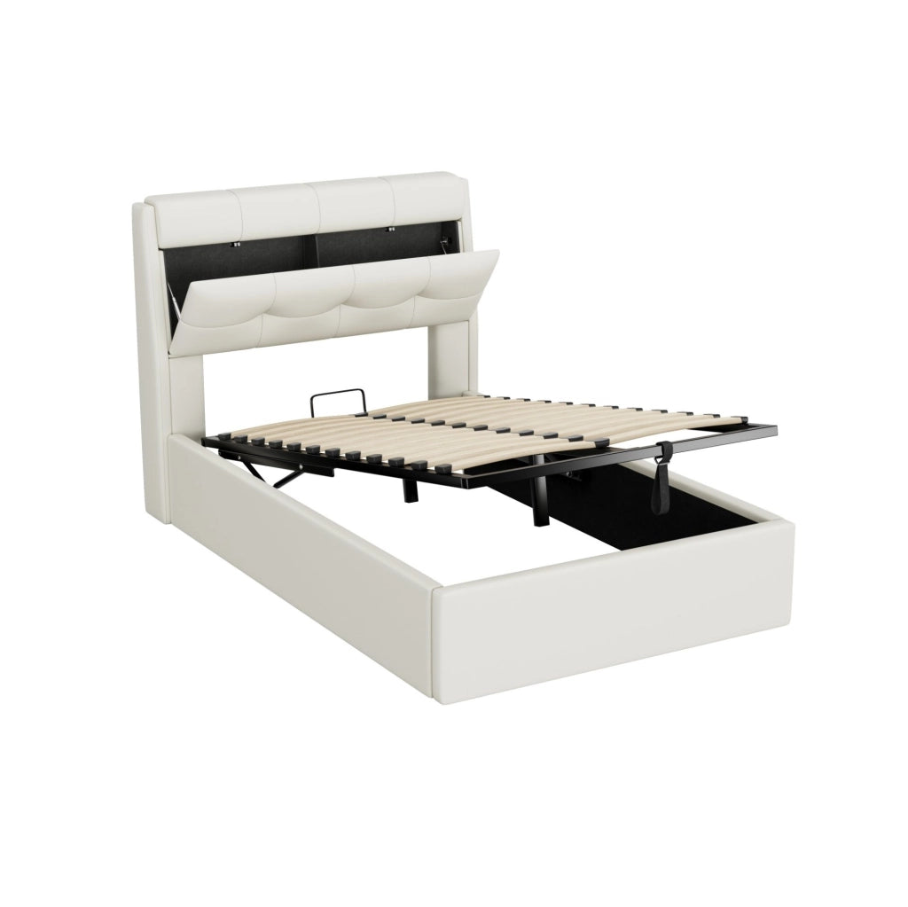 Letto imbottito 90x200 cm in PU bianco con sollevamento idraulico; contenitore e rete a doghe
