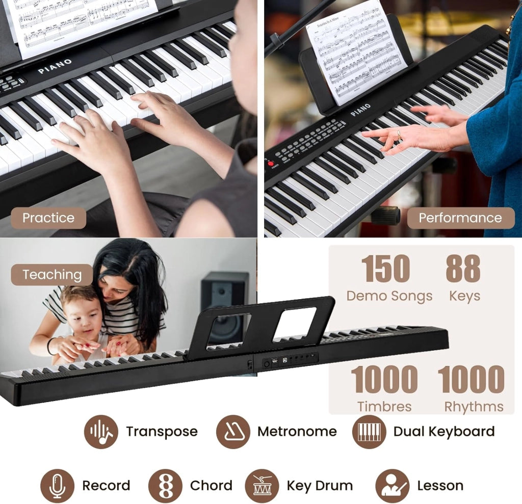 Pianoforte Digitale 88 Tasti Pieghevole, con MIDI Wireless, Altoparlanti Doppii, 1000 Timbri E Ritmi, Tastiera Elettronica Semi-Pesato, Pianola Facile da Trasportare con Borsa (Nero)