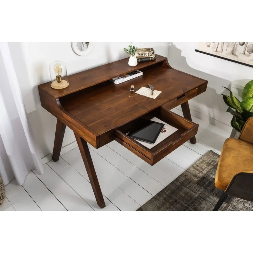 Scrivania retta SKAGEN 120 cm in legno massiccio di acacia verniciato con 2 cassetti e scaffale – Stile Davenport