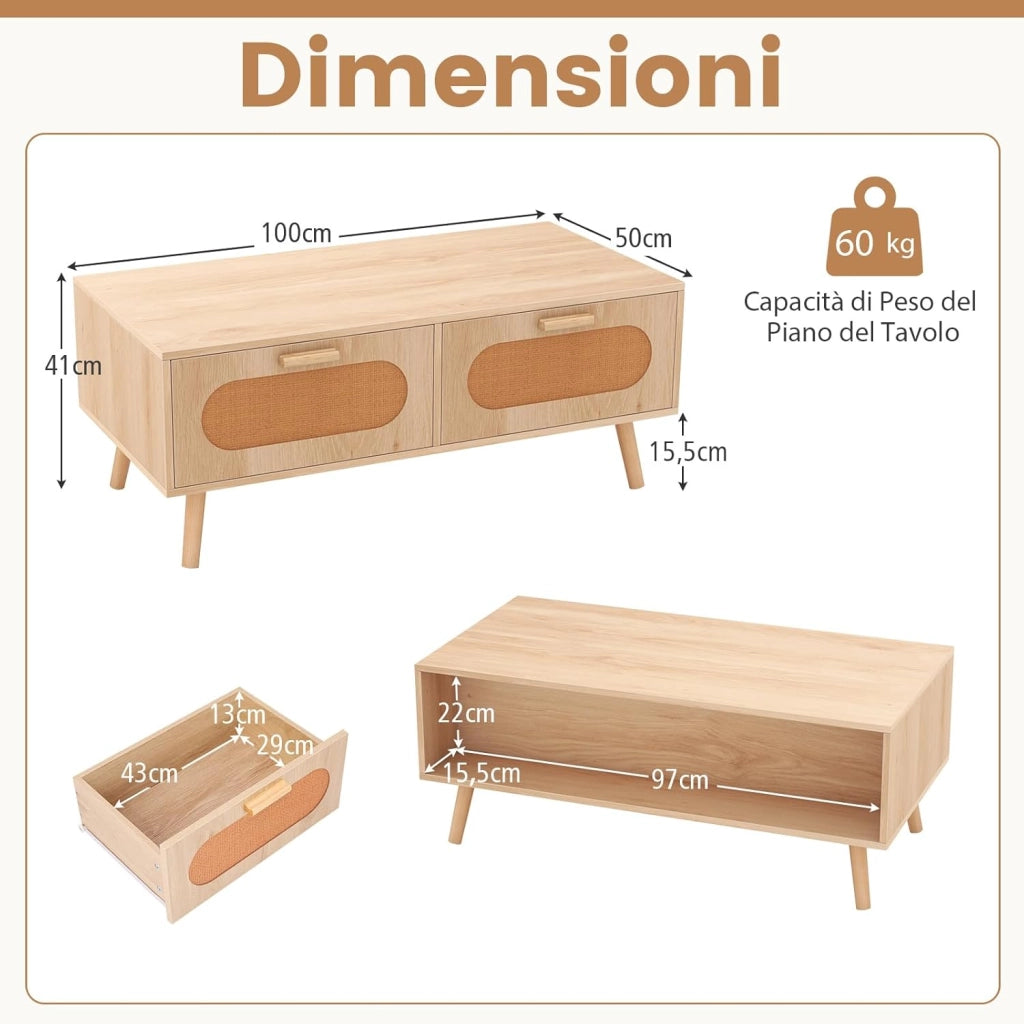 Tavolino da Caffè in Rattan, Tavolino Moderno con 2 Cassetti e Compartimento Posteriore e Gambe in Legno Massello, Tavolo Rettangolare da Salotto e Ufficio