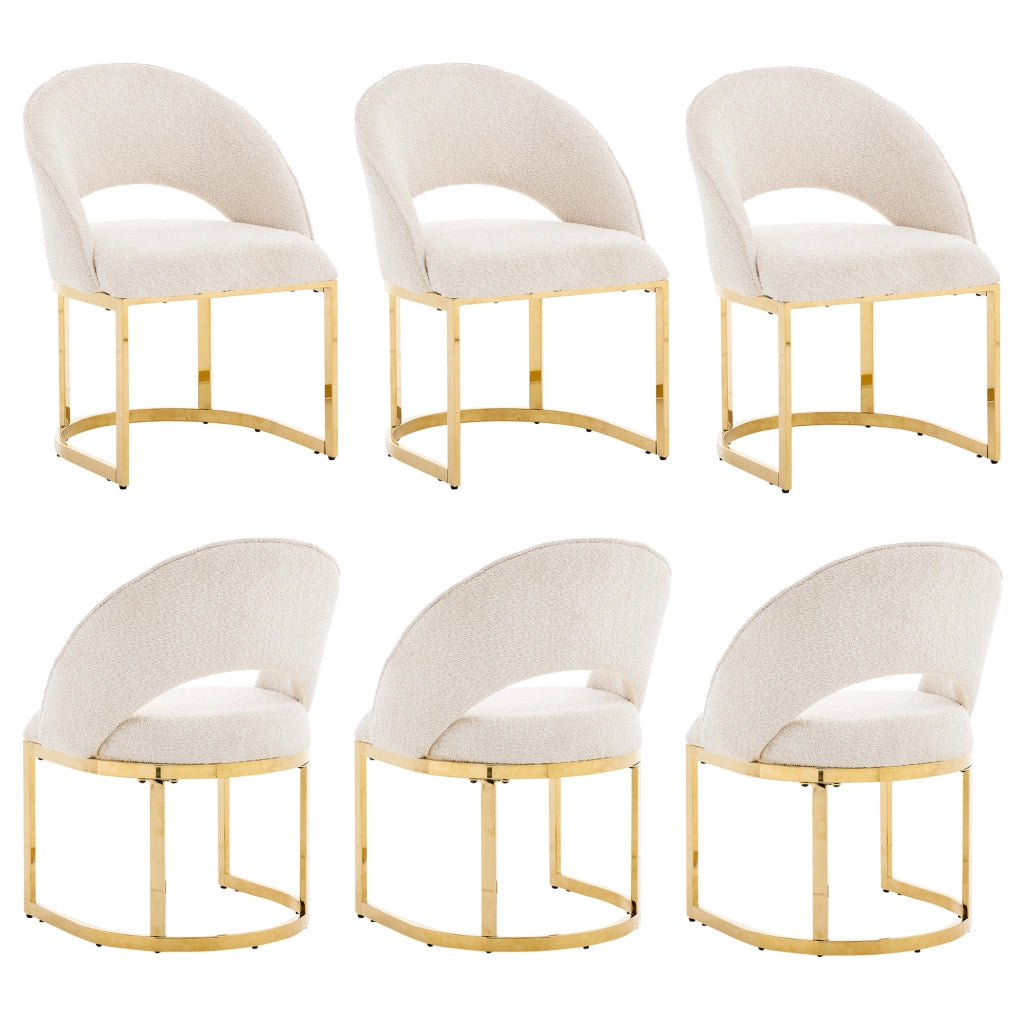Sedia da pranzo Set da 6 con Schienale Curvo e Gambe in Metallo Galvanizzato, in Bouclé Beige e Oro