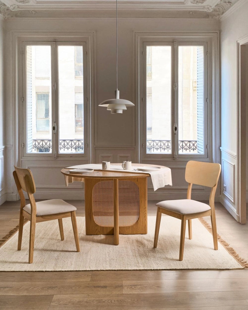 Set di 2 sedie da pranzo Marrone chiaro Seduta imbottita Poliestere Gomma Struttura in legno Stile retrò Sala da pranzo