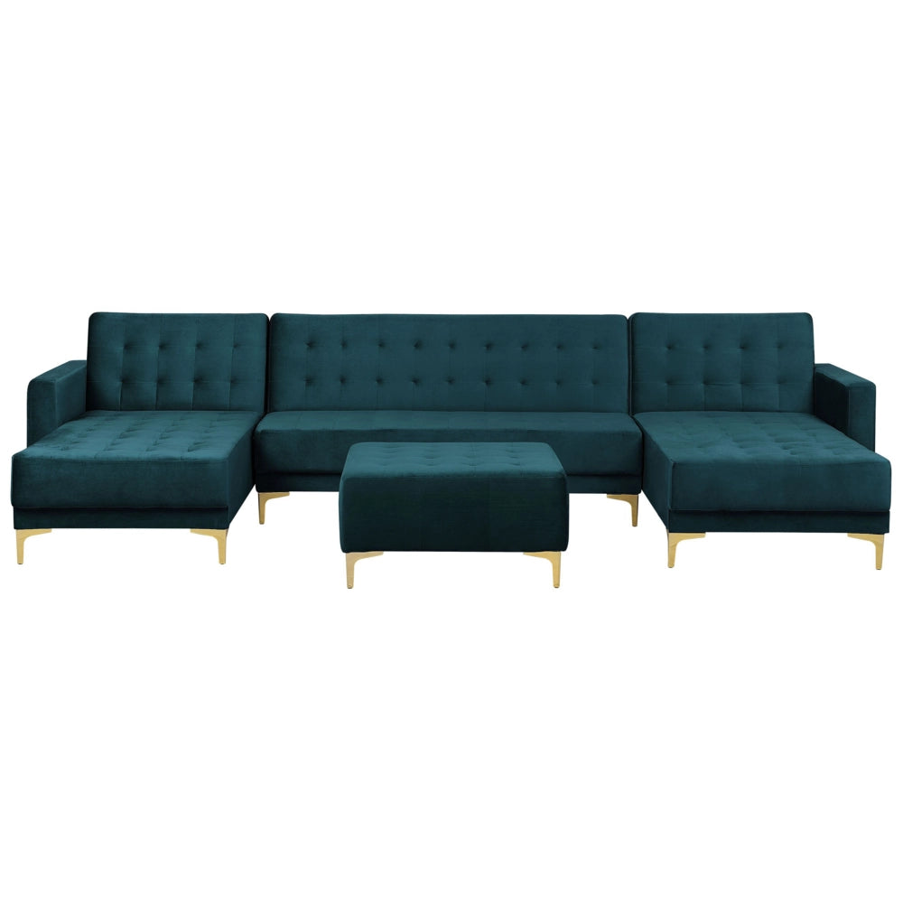 Divano letto ad angolo in tessuto trapuntato in velluto verde acqua moderno a forma di U componibile a 5 posti con chaise longue ottomane